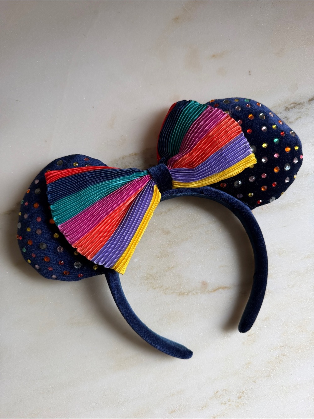 Disney Navy Colorful Minnie Ears Headband with Rainbow Pleated Bow & Gemstones